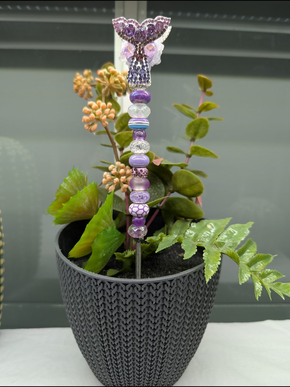 Hand Made Beaded Fairy Wand/Plant/Garden Stake W/Crystal Butterfly Topper 🦋